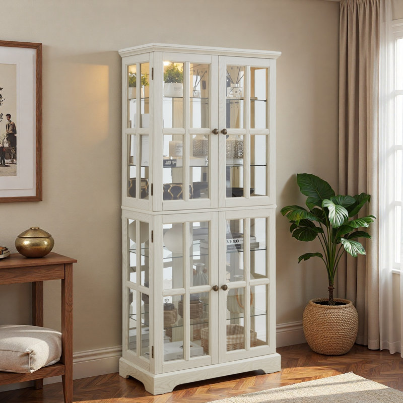 Vitrine antique avec portes en verre, tablettes réglables en verre et lumière DEL, White