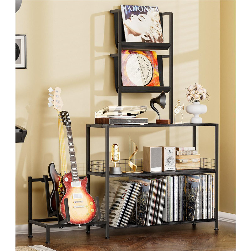 58" Tall Record Player Stand With Led Lights And Guitar Stand, Turntable Stand Record Player Cabinet Organizer Rack, 3-tier Record Player Table With Vinyl Holder Display Shelf, Black