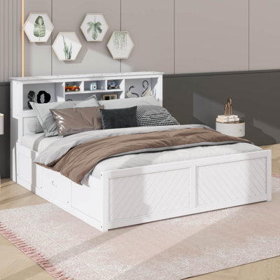 Lit plateforme très grand en bois avec tête de lit multi-rangement, USB et tiroirs