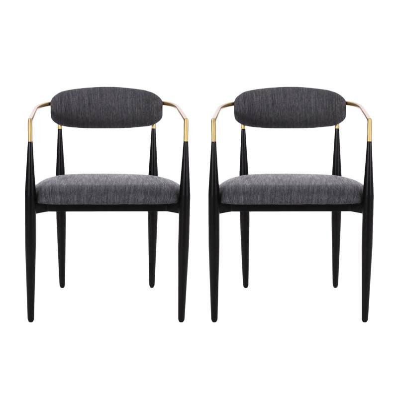 2 chaises de salle à manger, rembourrées gris anthracite avec structure en fer dans un style moderne et un style de tissu doré