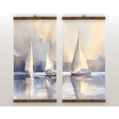 Watercolor Sailboat Wall Art Set, 2 Piece Ready to Hang Coastal Tapestry