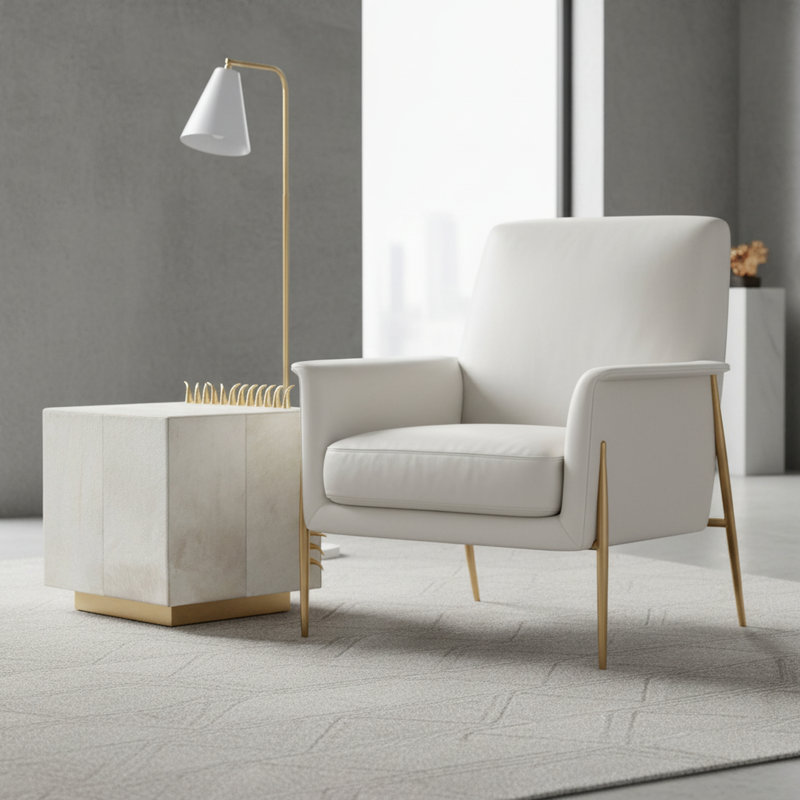 Clover Rhapsody White Leather Cube Side Table with Gold Base – Modern Accent Table , White