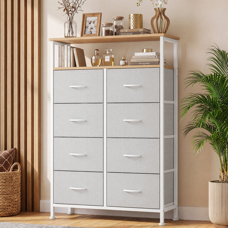 Fabric Dresser for Bedroom with Open Shelves, Tall Dresser with 8 Drawers, Storage Tower, Chest of Drawers for Closet