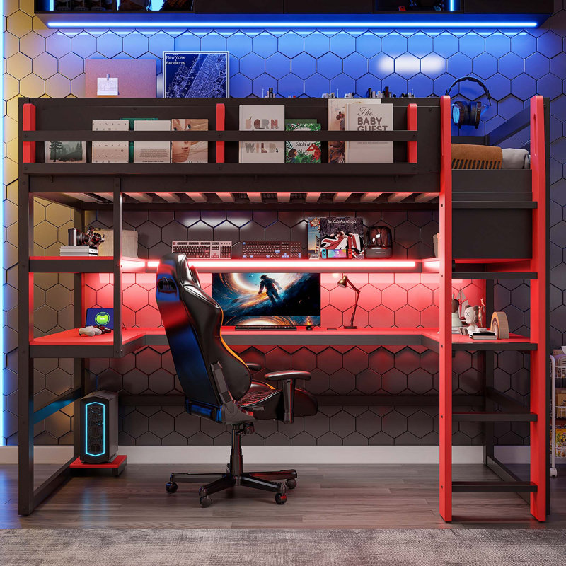 Lit mezzanine en bois avec bureau, support de rangement latéral, tablettes multiples et lumière RVB, Twin, Red