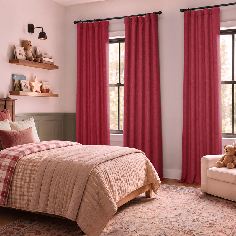 Ottis Faux Linen Room Darkening Curtain Panel, 50" W x 84" L, Cardinal