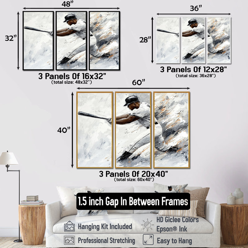 Baseball Player Action II - Sport Baseball, ensemble de reproductions d'art mural, H 28 po x l 36 po, Naturel