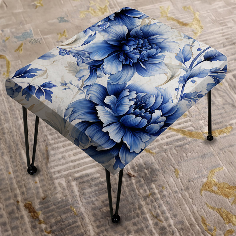 Repose-pieds beige et bleu en damas Dahlia II