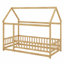 Lit sur pied en bois avec structure de toit et garde-corps