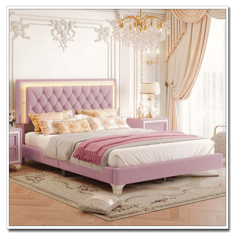Grand cadre de lit tapissier grand avec lumières DEL et tête de lit capitonnée, rose