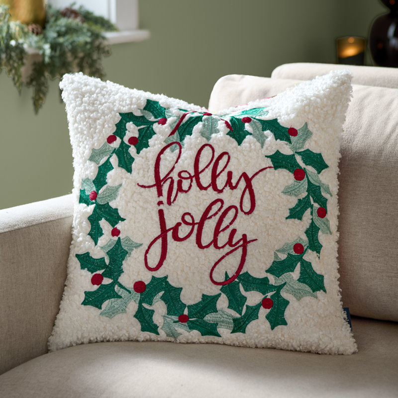 Holly Wreath Beige Square Throw, Pillow Cover Only - No Insert