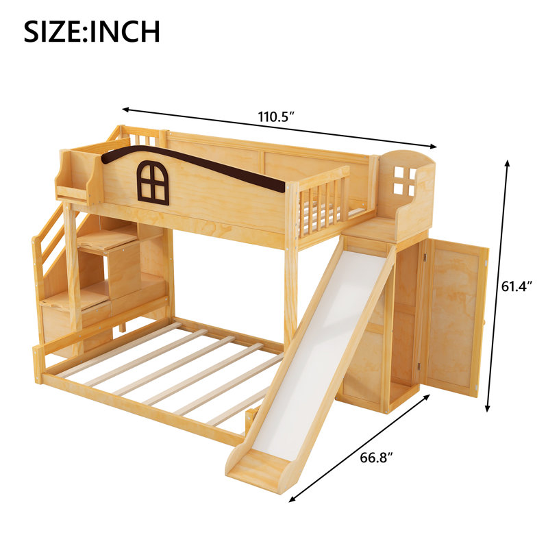  Twin Over Full Bunk Bed with Slide, Wardrobe and Storage Staircase, Natural and Espresso, Beige