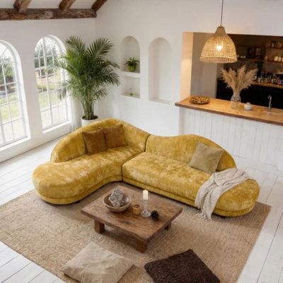 Canapé modulaire incurvé moderne jaune, canapé modulaire rembourré en polyester avec assise profonde, canapé de salon surdimensionné pour le salon, canapé de style boho de style biologique