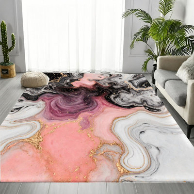 Tapis abstrait à motif de tourbillons en marbre rose et noir à motif abstrait, motif de pierre moelleuse douce et luxueuse, tapis antidérapant doux et durable lavable à la machine, décoration intérieure élégante et moderne pour le salon, la chambre à coucher, le bureau, le dortoir