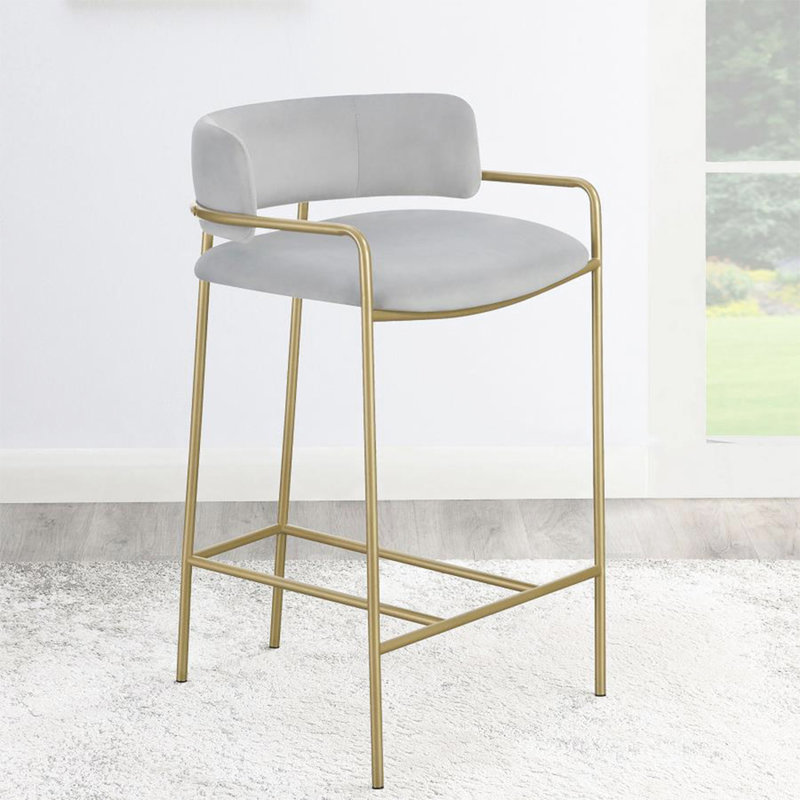 Or et gris, tabouret à dossier bas en velours, ambiance moderne, style rétro, siège rembourré confortable, encadré, barre linéaire rembourrée grise