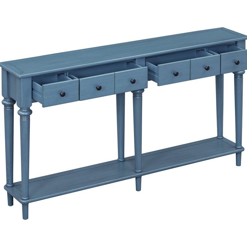Console bleu marine avec 4 tiroirs et tablette ouverte By. Pin rétro de style rétro. Le plateau de table robuste peut supporter 220 lb, le tiroir 15 inférieur et 33 lb. Table fonctionnelle fonctionnelle. Instructions d'assemblage