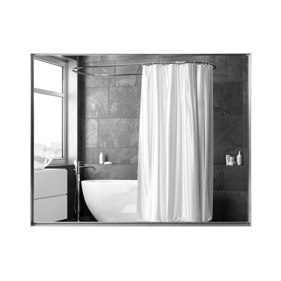 40X30inch Silver Wall Mirror With Beveled Edge For A Stylish Bathroom Upgrade Rectangular Stable Structure