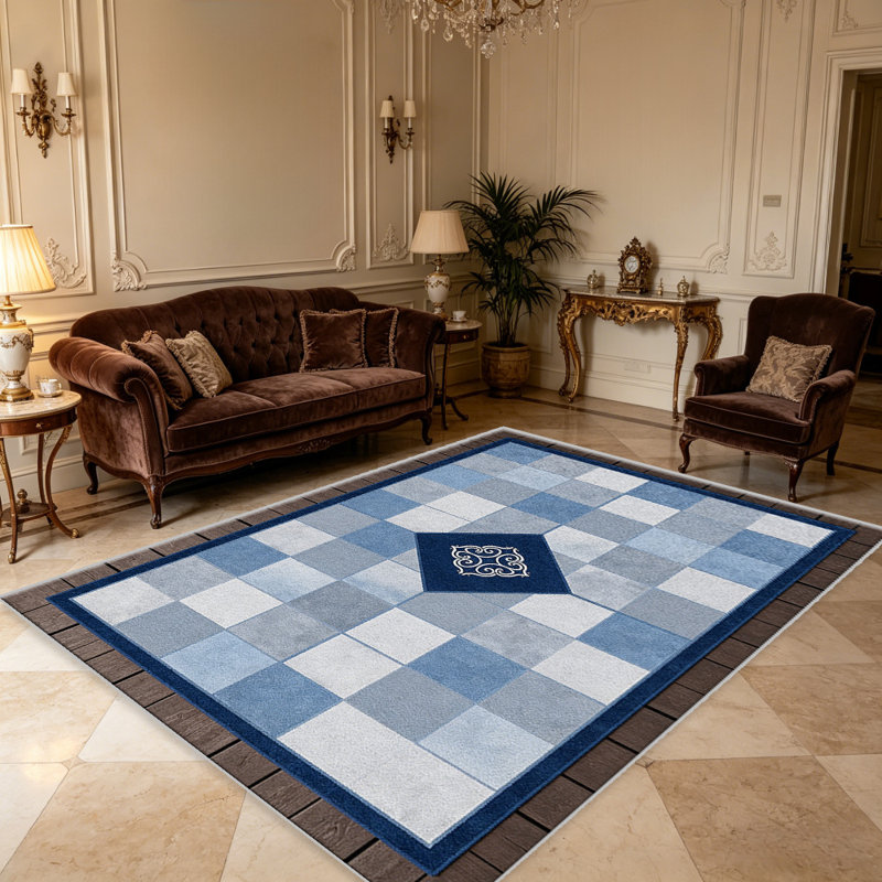Navy Checker Medallion carpet-easy to clean, machine-washable, soft and comfortable; suitable for door mats, kitchens, living rooms, bedrooms, corridors, and laundry areas. Easy to clean, durable carpet for home decoration.