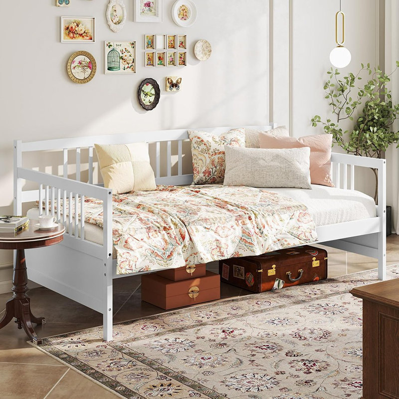 Twin White Wooden Daybed Frame, Sofa Bed With Slat Support And Rails, Dual-Purpose Platform Bed For Home Or Guest Room, No Box Spring Required