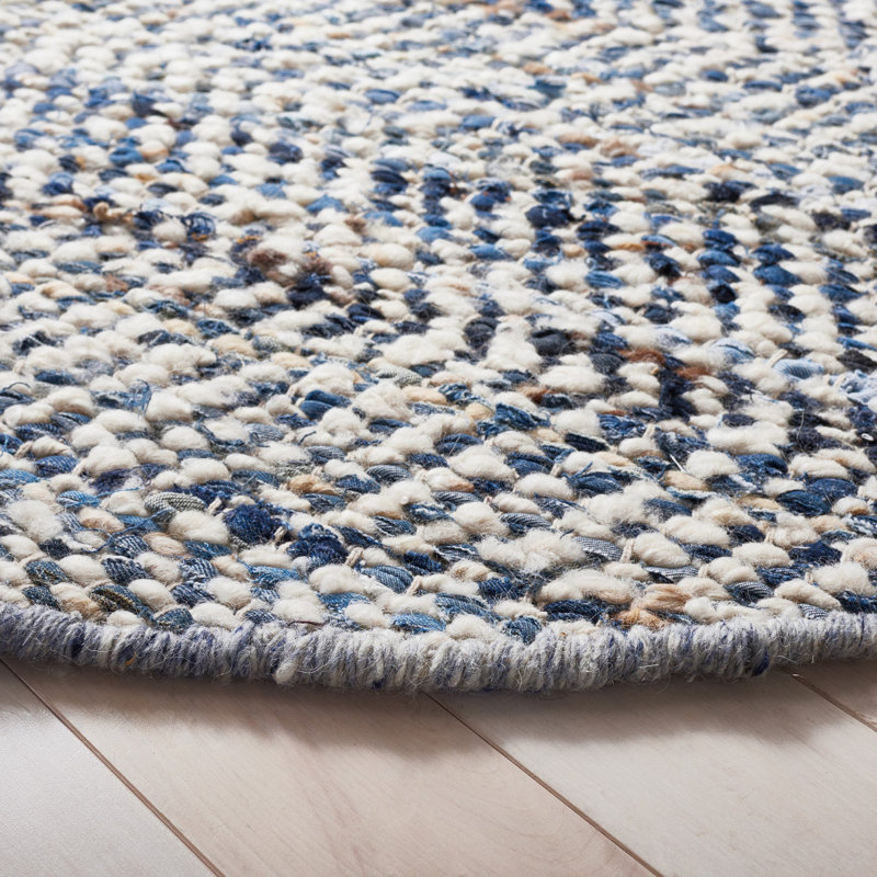 Tapis bleu / ivoire en laine et coton tissé à plat à la main Treece, Rond 8 pi