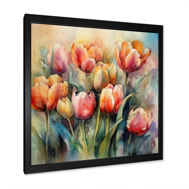 Orange Serenade Of Tulips On Canvas Print, Black Picture Framed, 16" H x 16" W