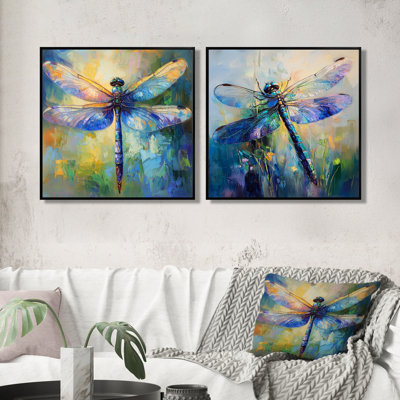 "Blue Blue Dragonfly's Iridescent Wings I", art mural libellule - ensemble d'art mural moderne 2 pièces