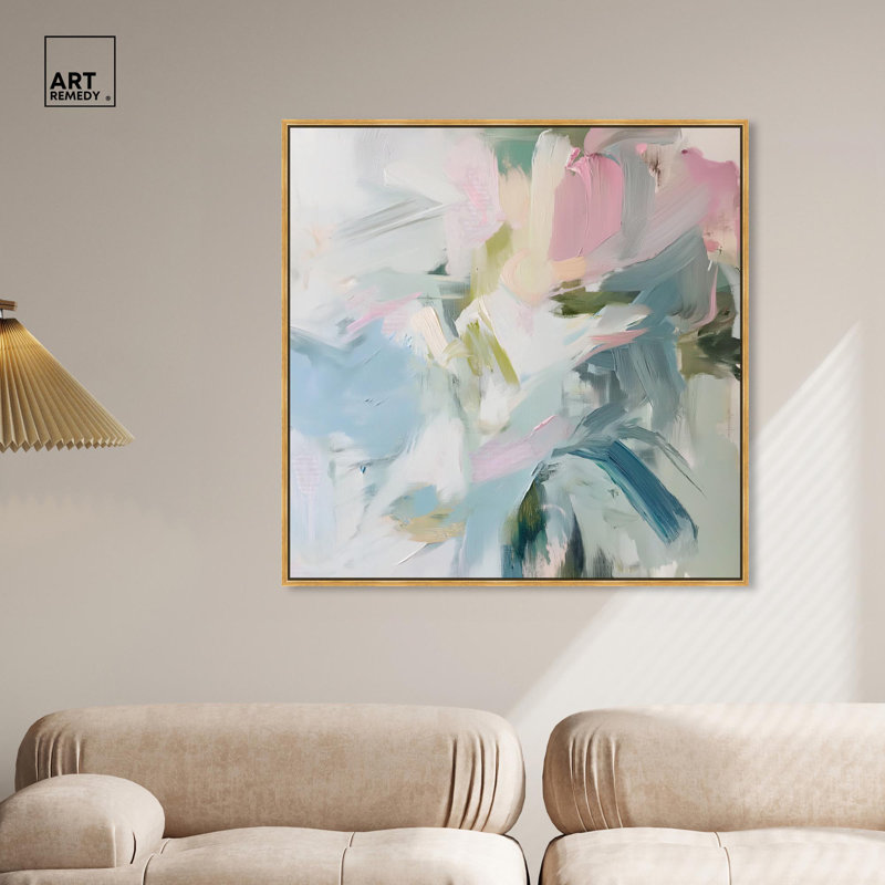 Élégante toile abstraite verte, art coloré moderne par Art Remedy, Cadre flottant doré, H 41 po x l 41 po x P 1,8 po