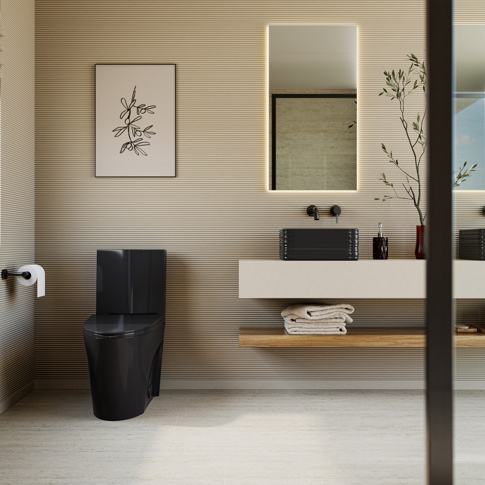 St. Tropez 1-Piece Elongated Toilet, Glossy Black, 12", Top