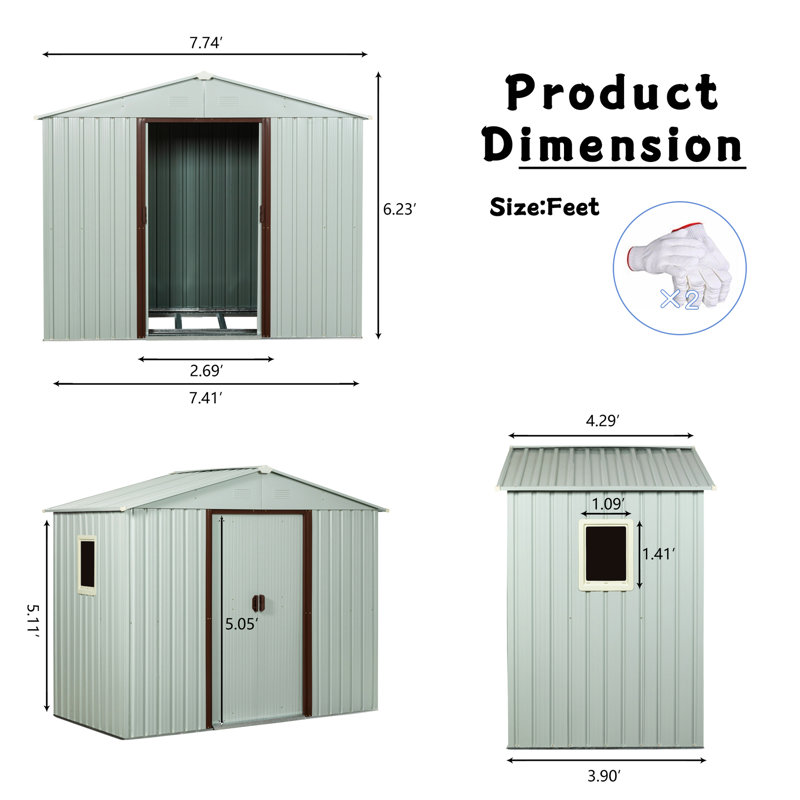 8ft X 4ft Metal Outdoor Shed, White - Strong Galvanized Construction, Punched Vents For Efficient Airflow, Sliding Doors With Lock, Simple Installation Project Storage Shelter, Iron Build, Ventilated