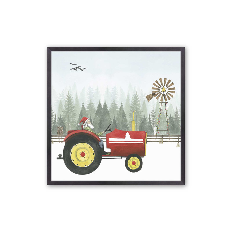 «Santa's Christmas Tractor Ride II», impression, Cadre simple en zinc patiné, bois massif, H 17,75 po x l 17,75 po