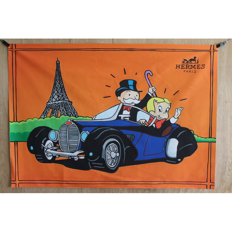 Nifao Collection Monopoly Man and Richie Rich Driving in Paris Unframed Canvas Painting 52 x 74