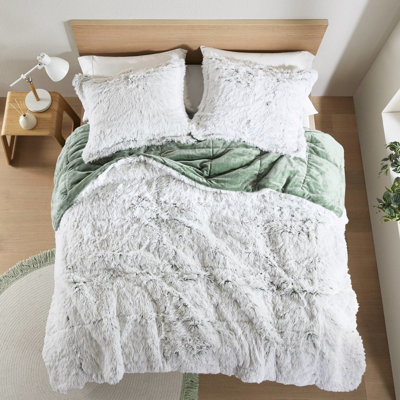 Ensemble d'édredon 3 pièces en fausse fourrure à poils longs pour lit double / grand lit, design blanc, revers doux, - approuvé, mini lavable à la machine avec et blanc, rembourrage, lavable à l'eau froide, deux taies décoratives