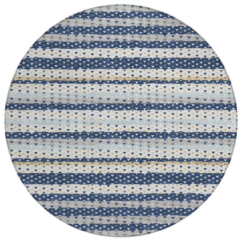 Machine Washable Indoor/Outdoor Chantille ACN2823 Stripes Rug, Navy, 8' Round