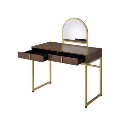 Coleen Walnut & Gold Finish Vanity Desk W/Mirror & Jewelry Tray