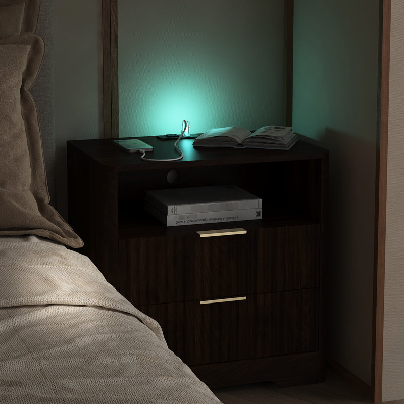 Table de chevet avec éclairage à commande vocale 7 couleurs, table de chevet en bois avec fonction de charge intelligente, armoire de rangement