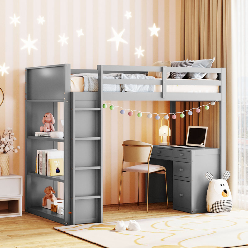 Loft Bed With Ladder, Shelves, And Desk, Gray, Twin