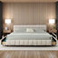 Très grand lit plateforme tapissier avec tiroirs de rangement, tissu chenille, tête de lit douce-479986777