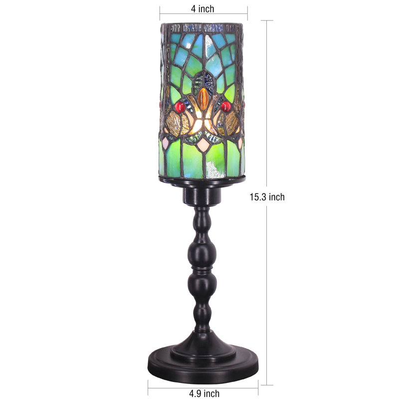 Small Tiffany Table Lamp Stained Glass Candlestick Style Table Light Green Liasion Style  4X15Inch