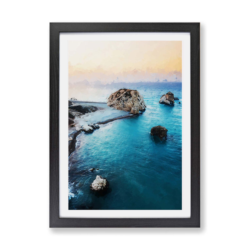 The Rock Of Aphrodite Beach In Cyprus - Single Picture Frame Painting on Canvas, 33cm H x 45cm W x 2cm D, Black Framed