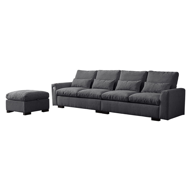Chenille de 114,5 po avec housse réversible, porte-gobelet et rembourrage en mousse en L, Gris