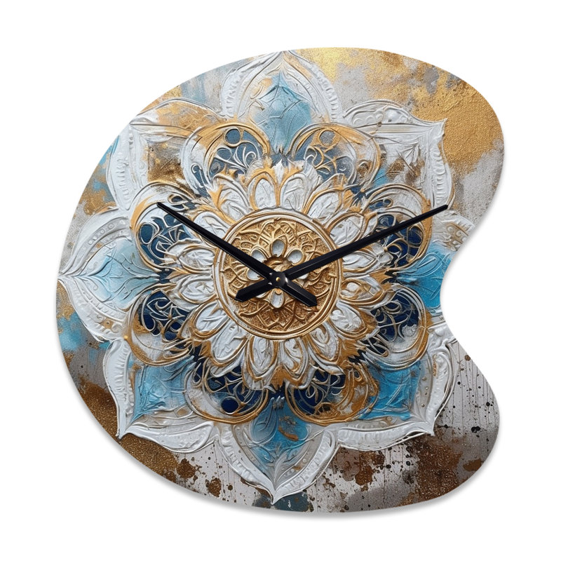 Horloge murale asymétrique en métal bleu et or Mandala I - Boho Mandala, Grand