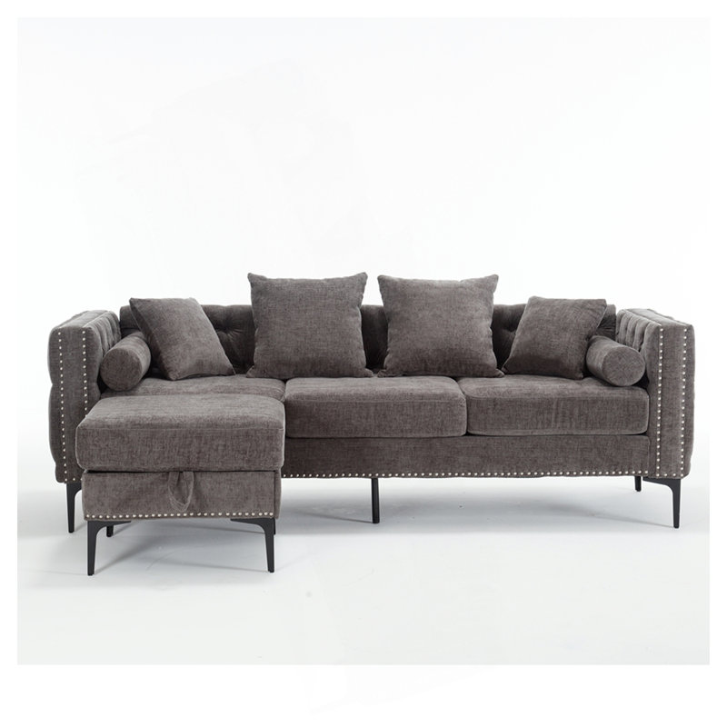 85" Chenille Tufted Sectional Sofa, Dark Gray