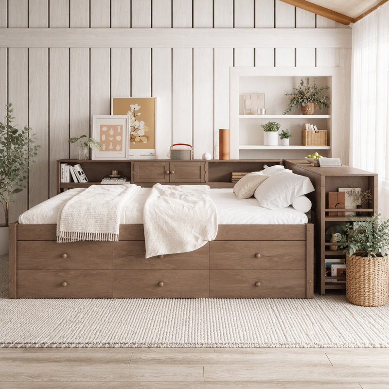 Lit de jour avec couchette, structure de lit de jour en bois avec tiroirs de rangement, tablettes latérales et bureau, Double