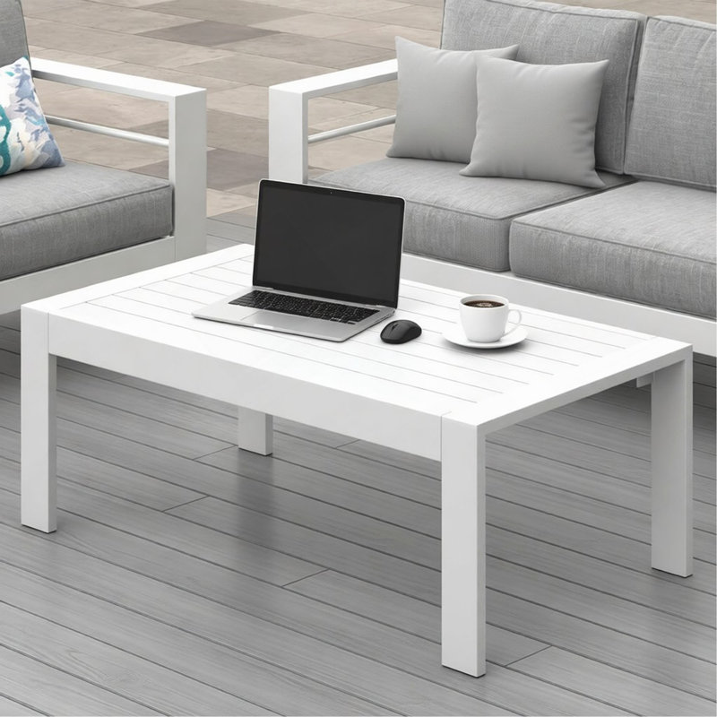 43" All-Weather Aluminum Patio Coffee Table, Modern White Rectangle Outdoor Table, 16" H x 43" W x 24" D, White
