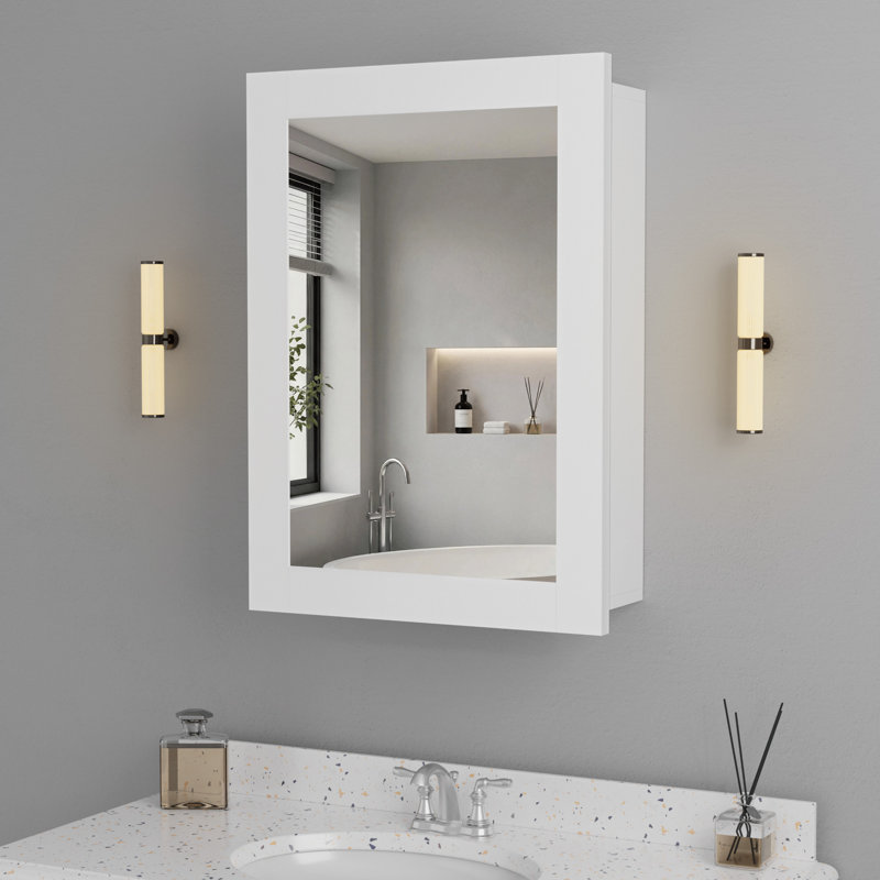 Armoire à pharmacie avec cadre en bois blanc moderne et miroir l 16 po x H 24 po, tablettes réglables, porte réversible, murale ou encastrée, entièrement assemblée