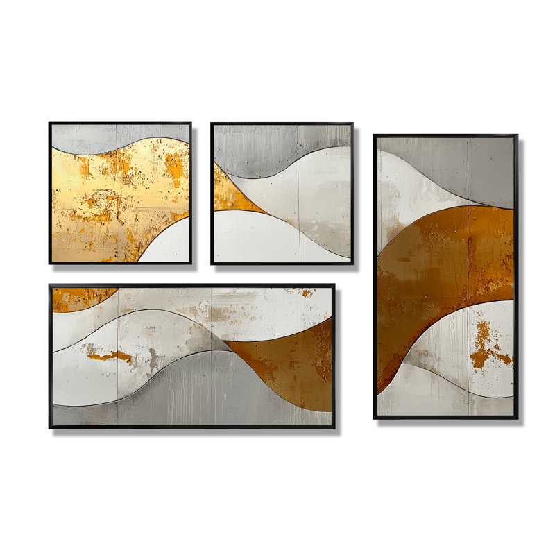Abstrait Grove Introspection III - Art mural abstrait grand 4 pièces, Impression encadrée sans passe-partout, Noir