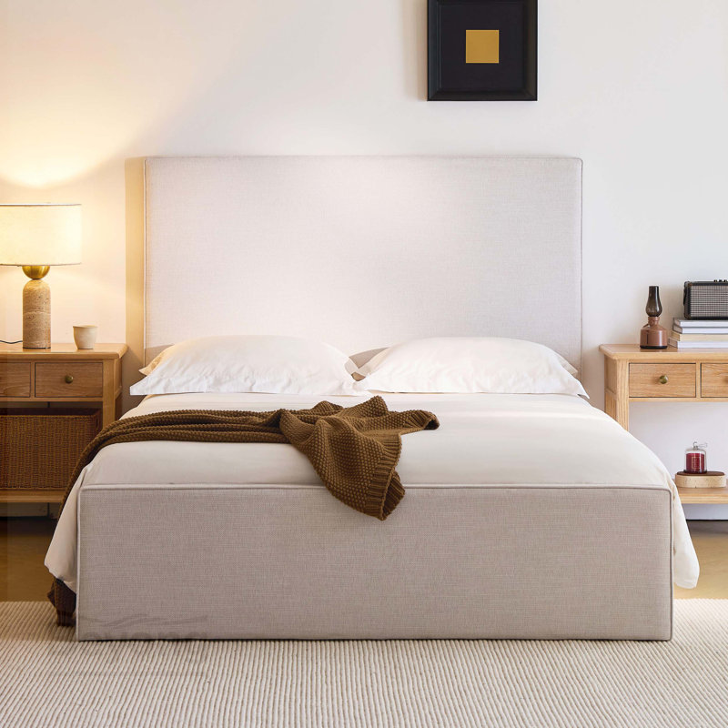 Tall Headboard Upholstered Bed / 52" High Headboard / Elegant Simplicity / No Box Spring Needed / Easy Assembly / King / Textured Ivory Canvas