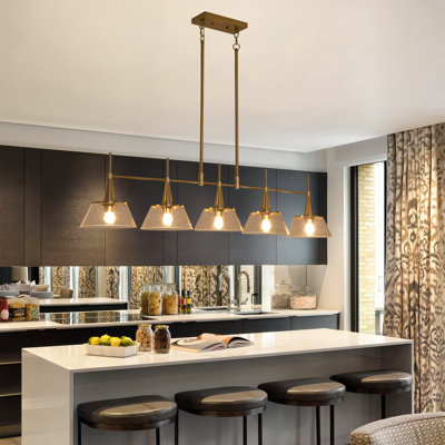 Luminaire suspendu 5 lumières en forme de lustre linéaire doré pour îlot de cuisine avec abat-jour en verre transparent