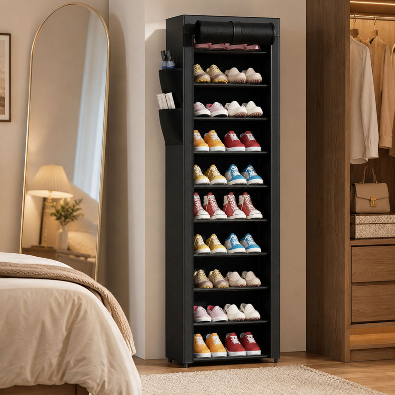 Range-chaussures noir à 10 niveaux avec housse et pochette de rangement latérale