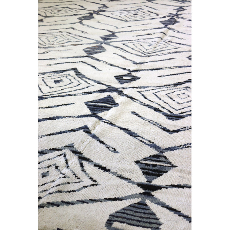 Tapis unique ivoire / acier de style marocain 12 pi 2 po x 19 pi 1 po Moroccan