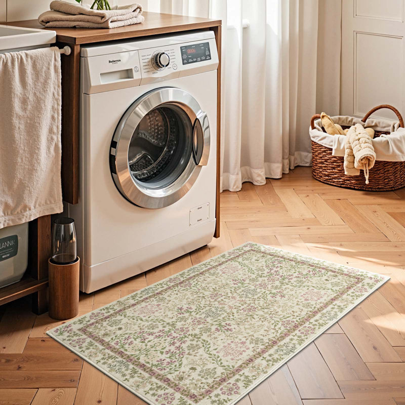 Floral Machine Washable Area Rug, Rectangle 2' x 3', Green/Purple